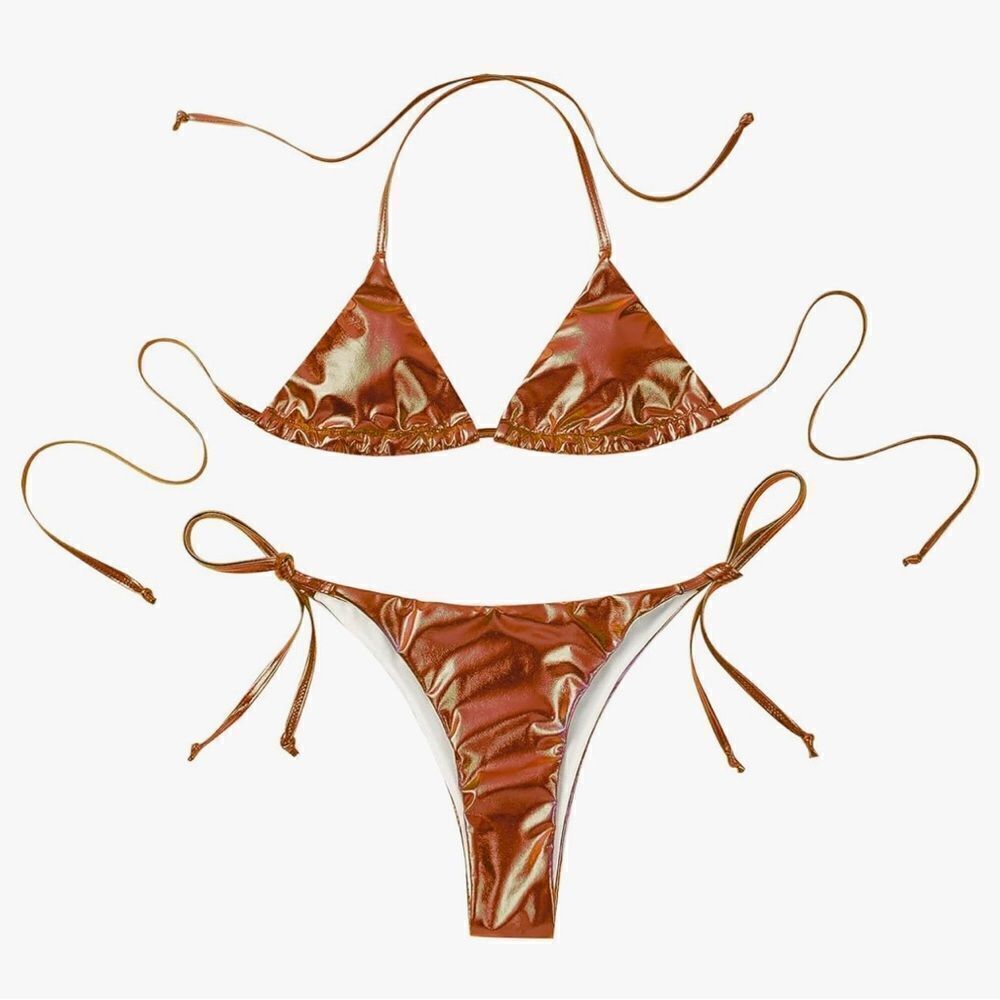 Women's Metallic Shiny Halter Lace-up Bikini Triangle Padded Cup Bra bronze S